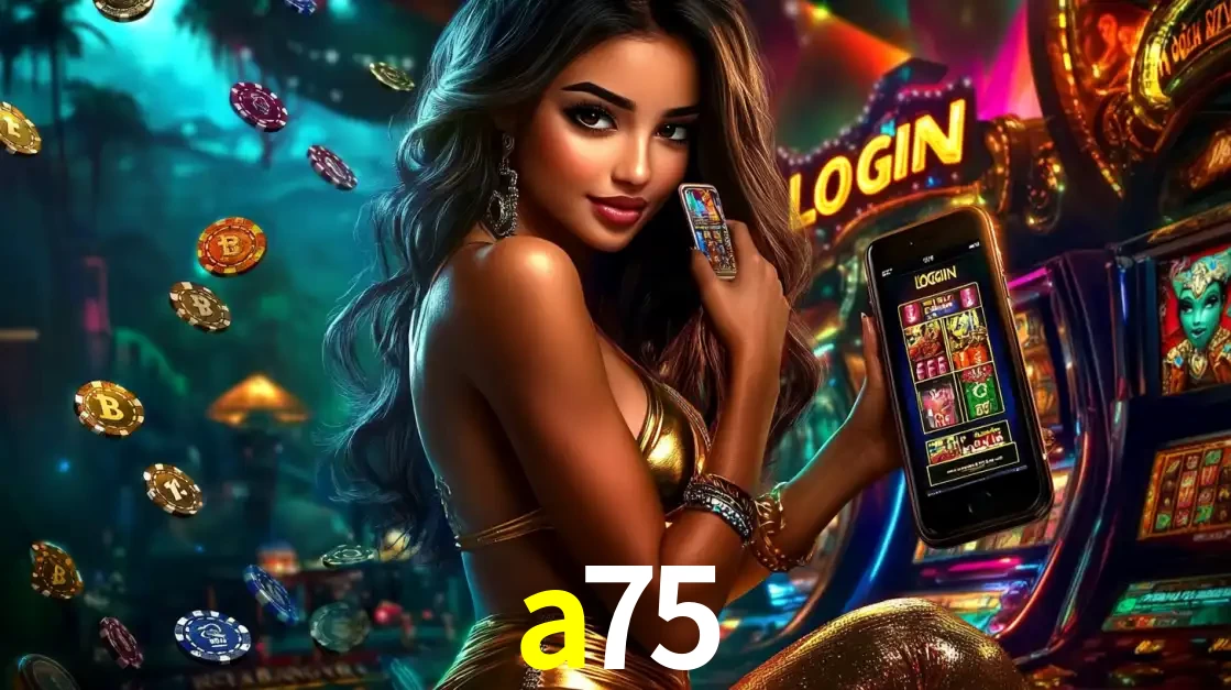 Mulher em um cenário de cassino temático de aventura, mostrando o app de caça-níqueis da a75 no celular. Fichas de apostas flutuam ao redor.